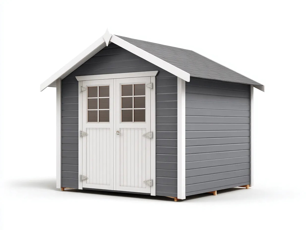 Gartenhäuschen 220×180×235 cm - Grau/Weiß - klassisches Gerätehaus mit Satteldach und verglaster Doppeltür