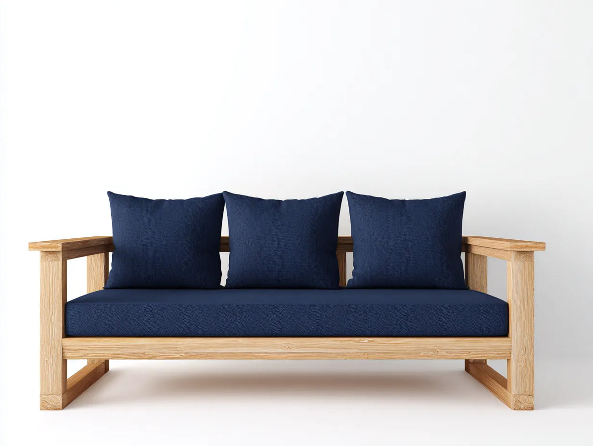 Wohnzimmer-Sofa 198×82×86 cm - Naturholz Dunkelblau - gepolstertes Holzsofa mit geradlinigem Rahmen