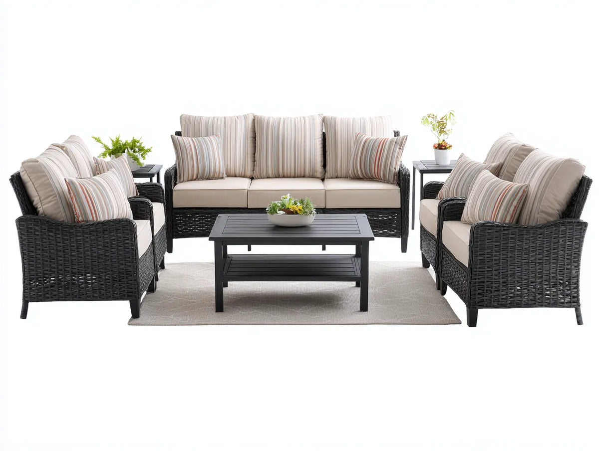 Gartentisch- und Stuhlset 330×260×86 cm - Polyrattan und Metall - schwarz-beige - für den Außenbereich - mit Sofas und 3 Tischen