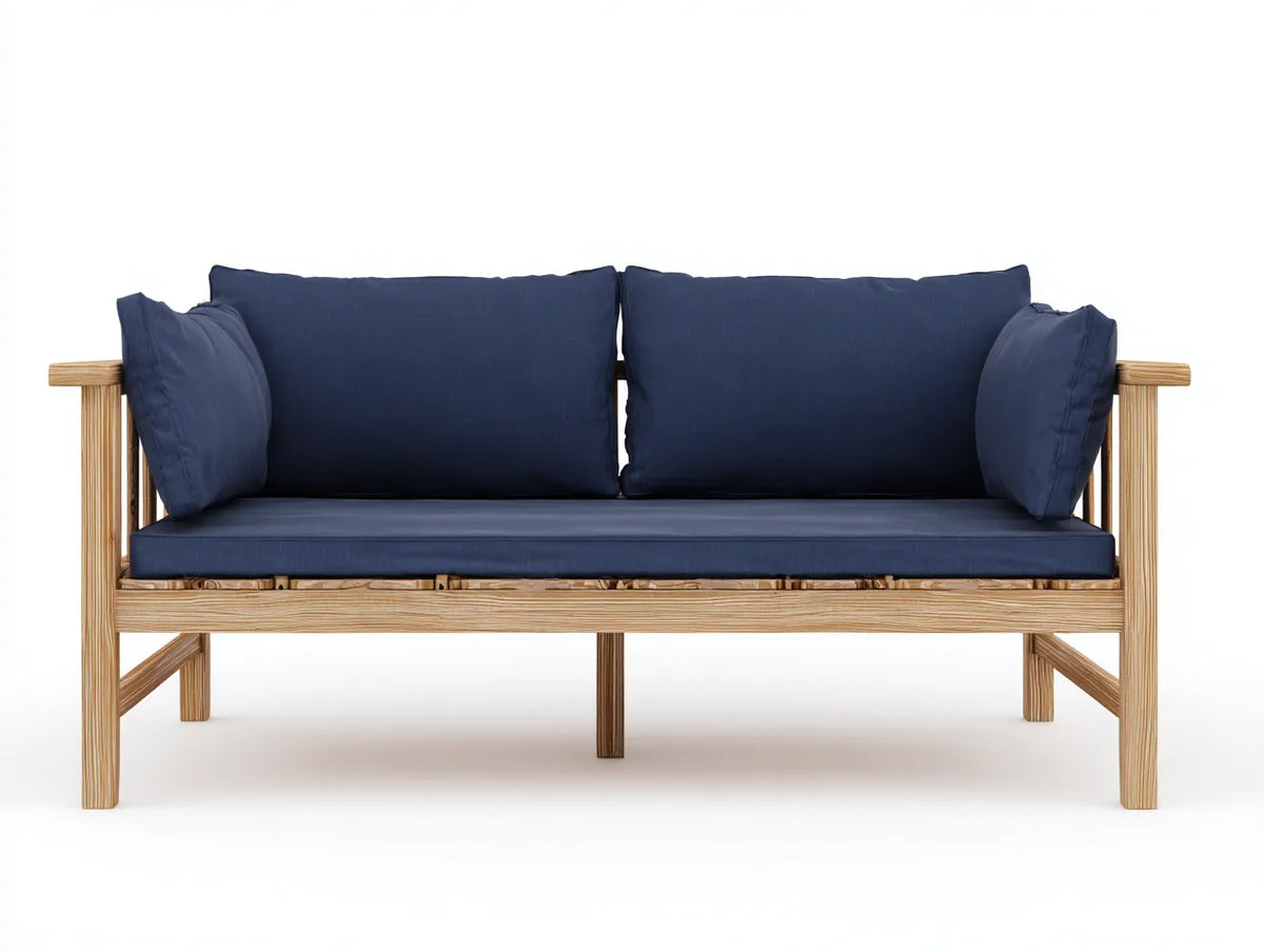 Wohnzimmer-Sofa 205×84×88 cm - Naturholz Dunkelblau - Stoffsofa mit offenem Holzgestell und breiter Sitzfläche