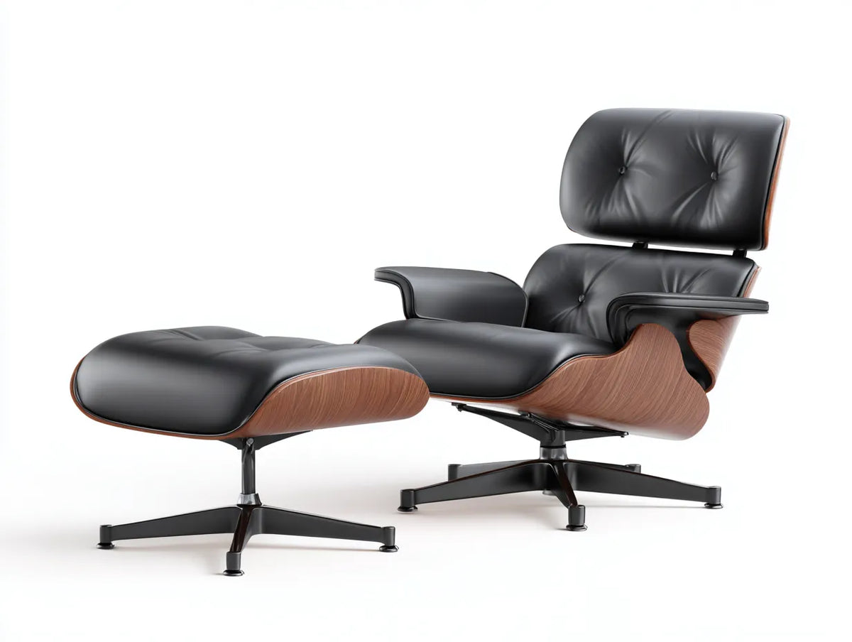 Wohnzimmer-Sessel 154×86×91 cm - Schwarz/Braun - gepolsterter Ledersessel mit Ottoman und Drehgestell