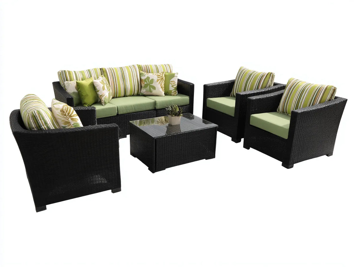 Polyrattan Gartentisch- und Stuhlset 188×74×79 cm - Schwarz Grün - Glastisch für Im Freien