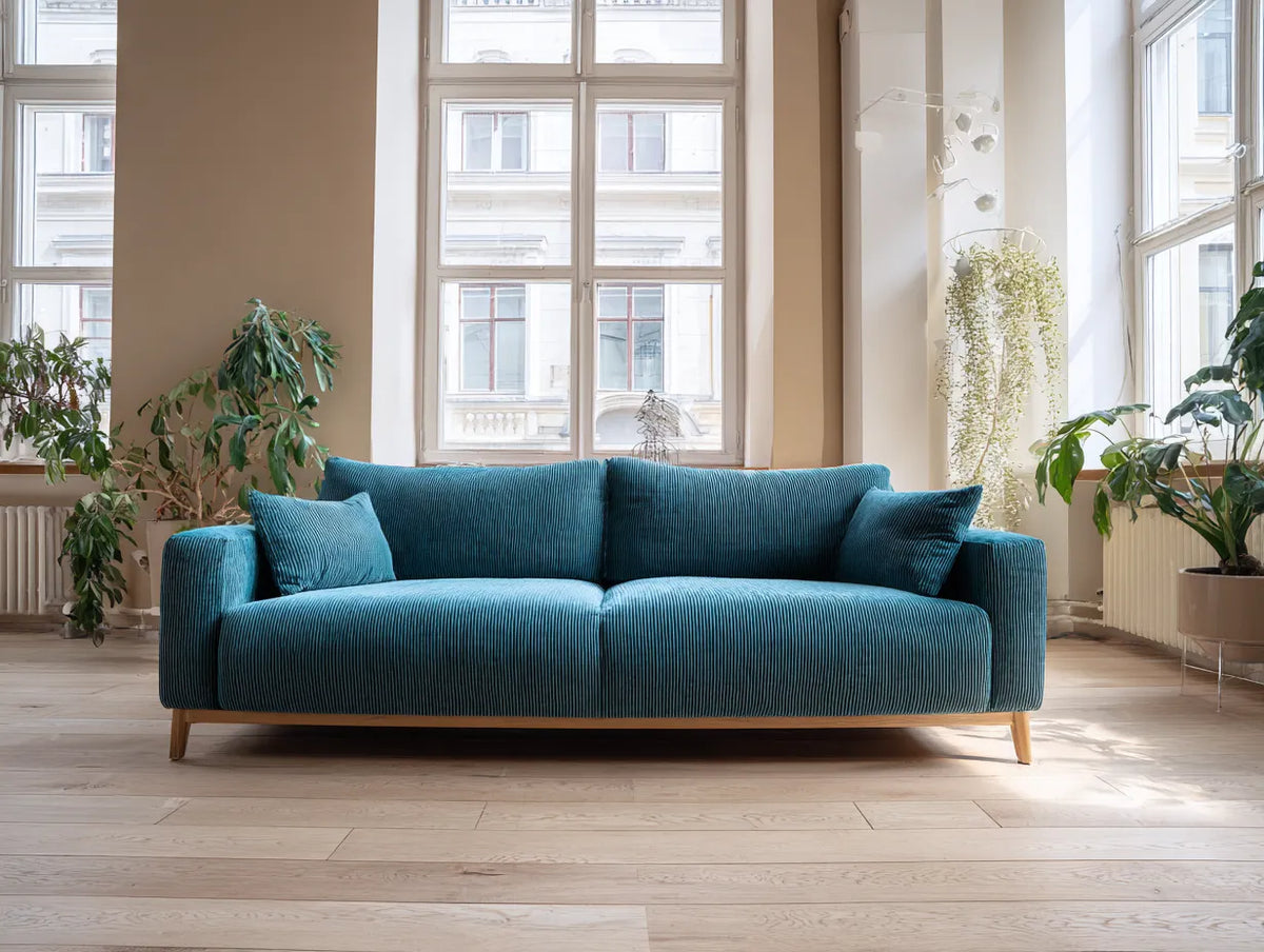 Wohnzimmer-Sofa 224×96×82 cm - Petrolblau - gerippter Stoffbezug mit breiter Komfortsitzfläche