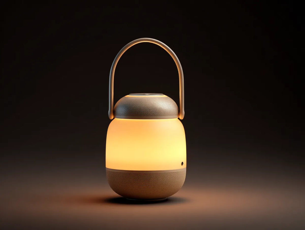 Tragbare Außenlampe 16×16×28 cm - Kunststoff und Metall - beige-grau - warmes Licht - mit Tragebügel