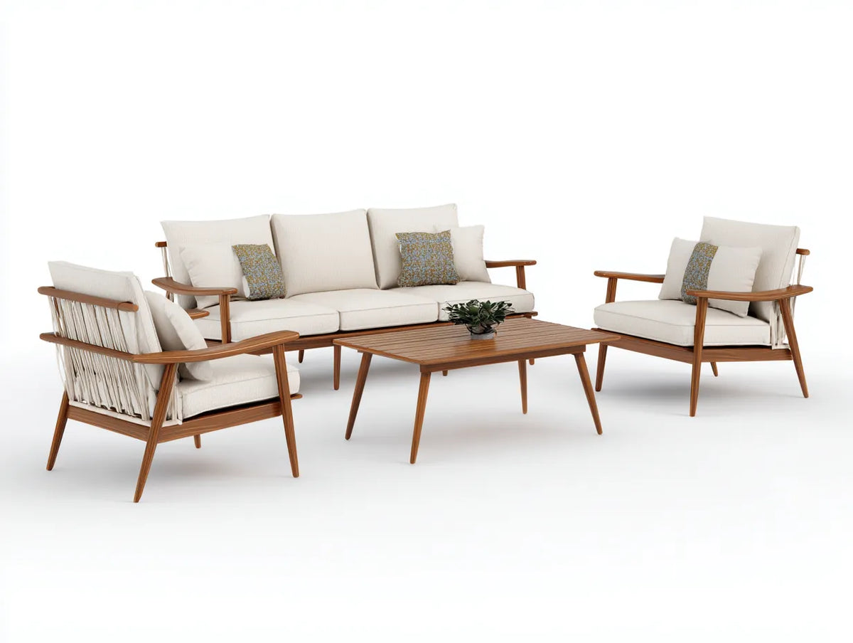Gartentisch- und Stuhlset 290×190×84 cm - Holz/Creme - großzügiges Outdoor-Sitzset mit Dreisitzer und Couchtisch
