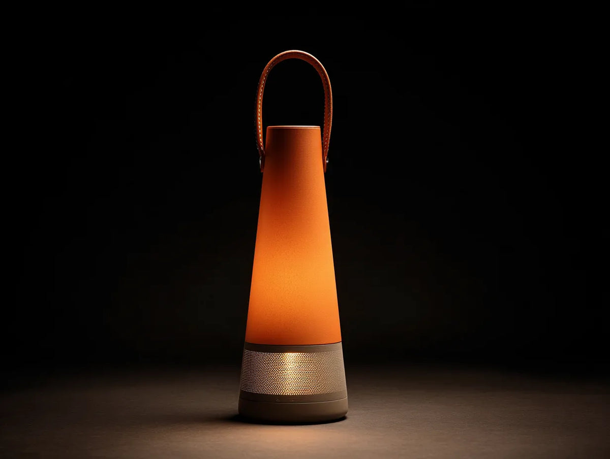 Tragbare Außenlampe 17×17×50 cm - Orange/Braun - schlanke LED-Leuchte mit Griff und bodennaher Lichtzone