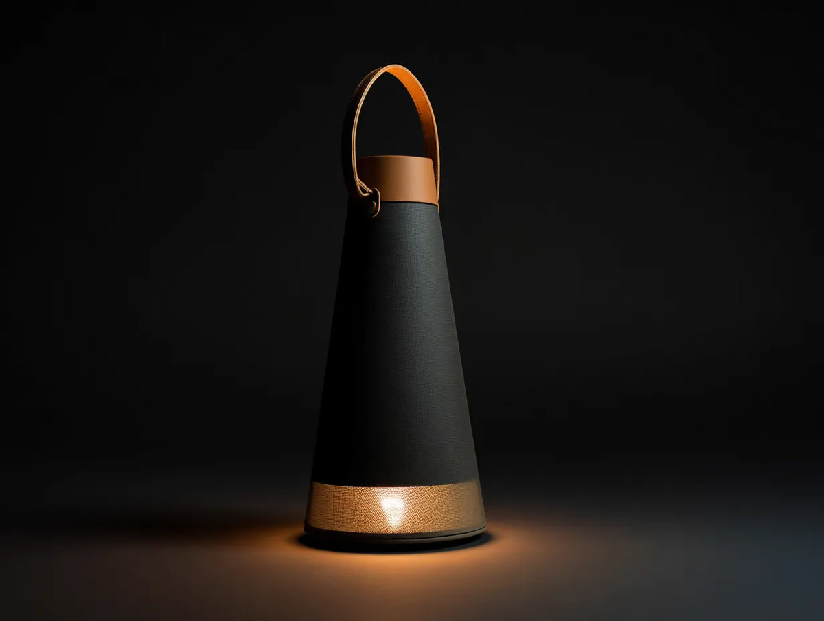Tragbare Außenlampe 18×18×48 cm - Schwarz/Braun - kegelförmige LED-Leuchte mit Tragegriff für Terrasse und Garten