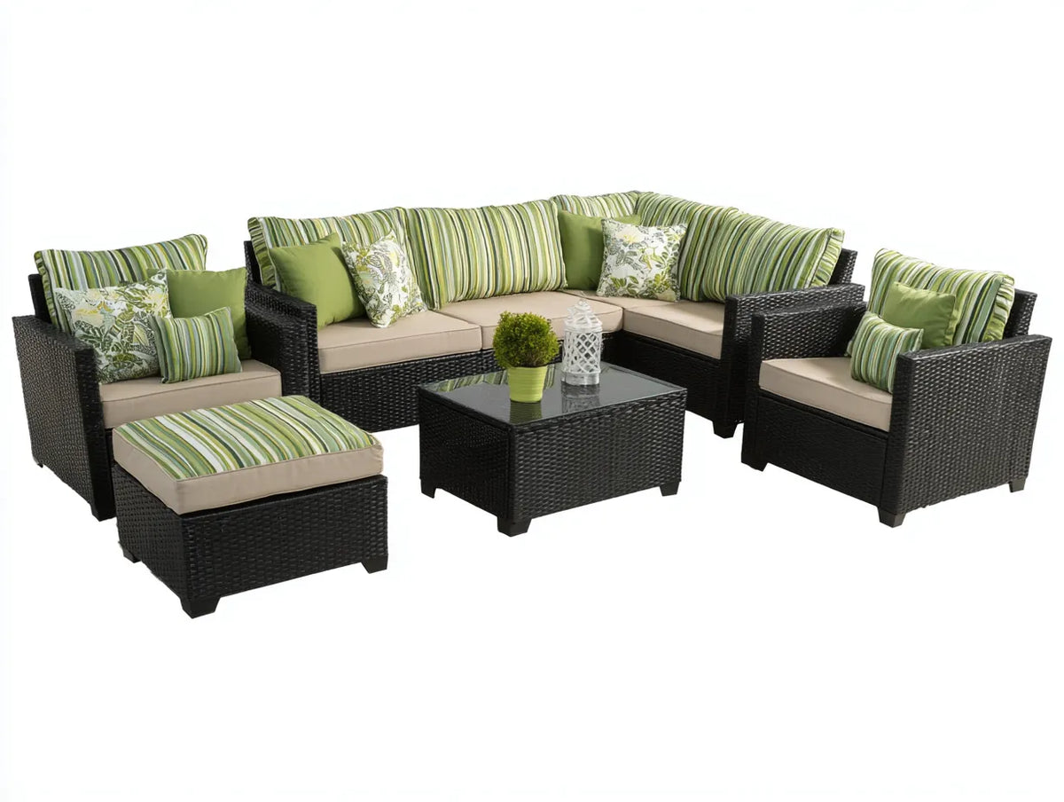 Gartentisch- und Stuhlset 310×230×86 cm - Schwarz/Beige - Polyrattan-Loungeset mit Ecksofa und Glastisch