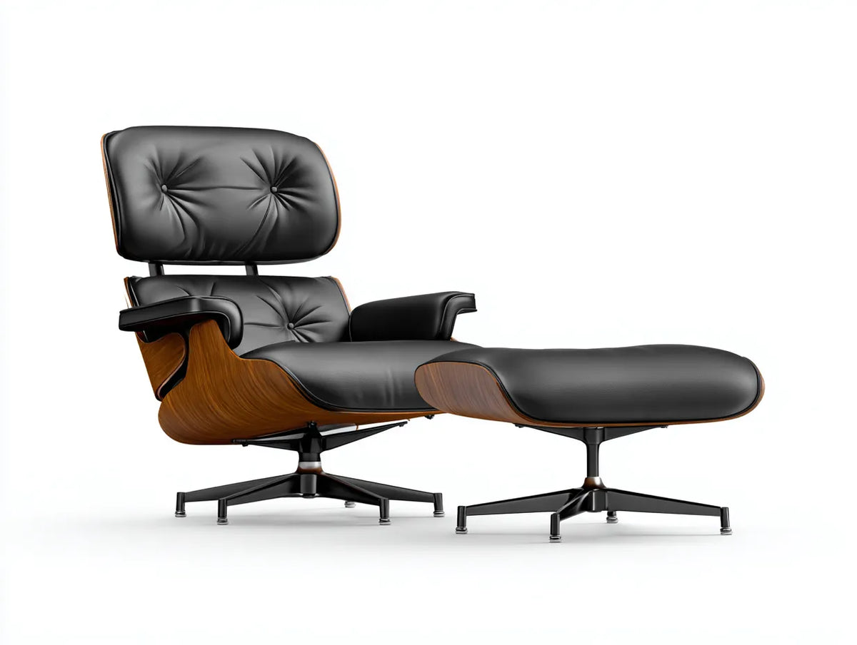 Wohnzimmer-Sessel 158×84×89 cm - Schwarz/Braun - Leder-Loungesessel mit Fußhocker und Holzschale