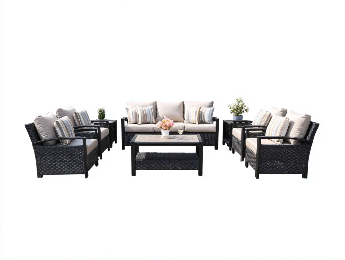 Gartentisch- und Stuhlset 320×250×84 cm - Polyrattan und Metall - schwarz-beige - für den Garten - mit Sesseln und Ablagetischen