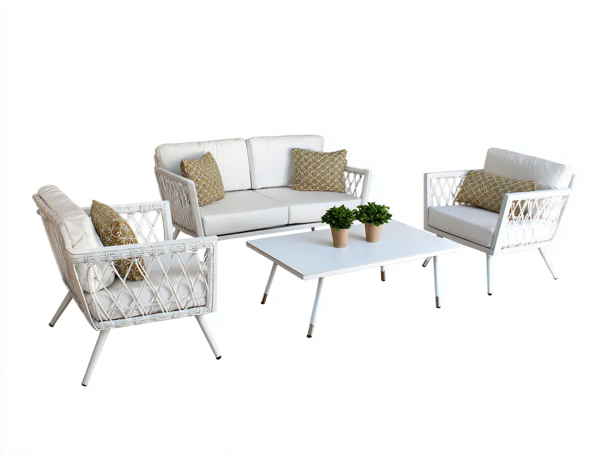 Gartentisch- und Stuhlset 210×180×78 cm - Metall und Geflecht - weiß - für den Außenbereich - 4-teiliges Loungeset